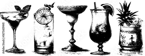 Vintage hand-drawn engraving of cocktail collection for design and decor