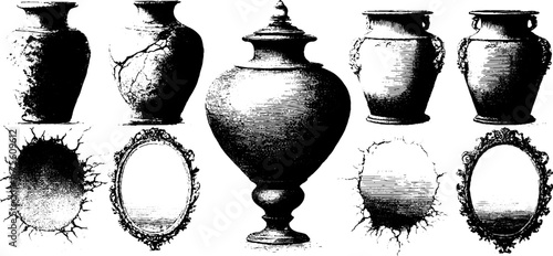 Vintage engraving collection of cracked pottery and frames for retro design