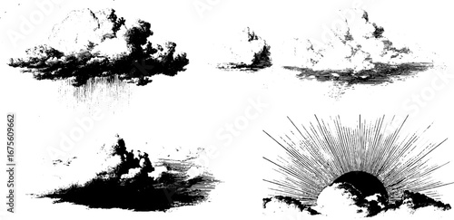 Vintage engraving collection of cumulus clouds and sunburst design elements for retro art