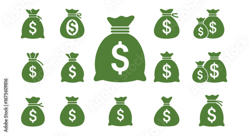 Collection of green money bags with dollar signs, representing wealth, finance, and financial success