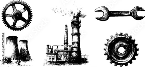 Industrial elements collection with gearwheels and factory silhouette for design use