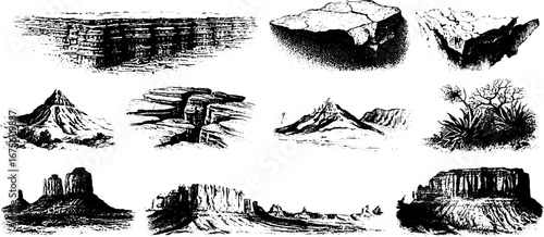 Collection of hand drawn geological landscape designs for prints and posters