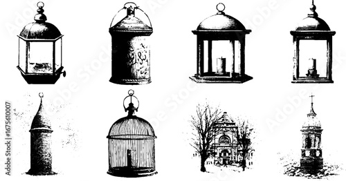 Vintage lantern and architecture sketch collection for design and decor