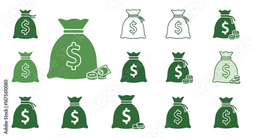 Money Bag Icons Symbols of Wealth and Prosperity in Green and White