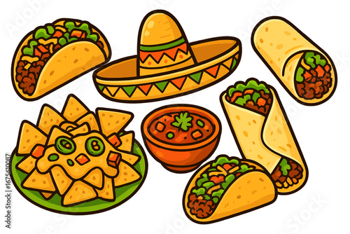 Mexican food cartoon vector set. Delicious tacos, burritos, nachos with cheese, and salsa. Sombrero hat icon. Concept for Cinco de Mayo, restaurant menu, fast food sticker.