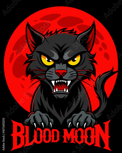 Angry Black Cat with Blood Moon and Haunted Night  Gothic Horror Artwork