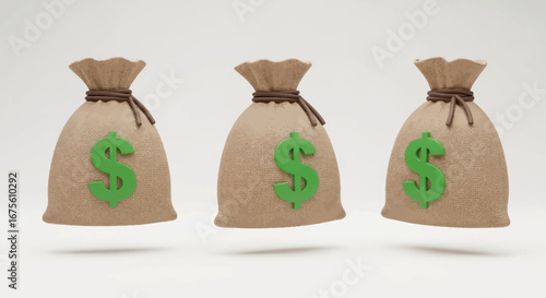 Three burlap money bags with green dollar signs, symbolizing wealth, savings, and financial prosperity on a clean white background, representing success and abundance