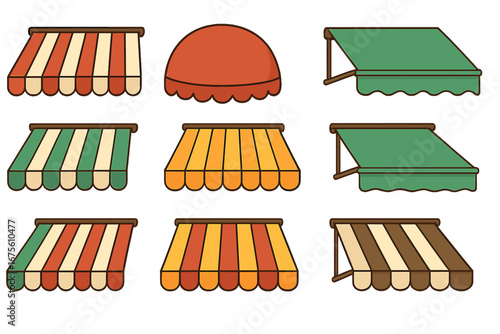 Collection of colorful retro awnings. Striped shop sunshade canopy for market, restaurant or cafe. Building exterior design element. Vector cartoon graphic illustration set.