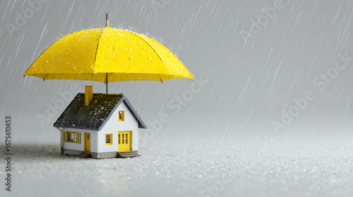 Miniature house sheltered under a large yellow umbrella during heavy rain, concept of home protection and insurance, realistic