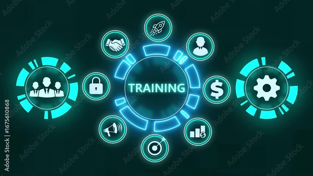 Business, Technology, Internet and network concept. Coaching mentoring education business training development E-learning concept ,Abstract technology symbols on a blue background.