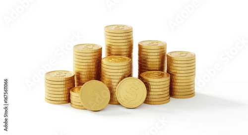 A collection of shiny gold coin stacks on an isolated white background symbolizing financial growth, savings, and treasure