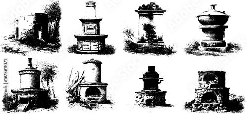 Vintage collection of rural stone structures engraving for design and print