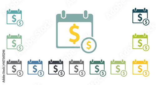 Collection of detailed calendar icons adorned with dollar signs, representing key financial concepts such as scheduled payments, budget management, and financial planning