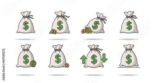 Collection of colorful money bags with dollar signs, symbolizing financial success, savings, and economic prosperity