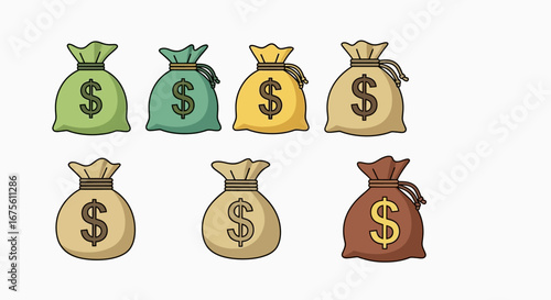 Variety of colorful money bags representing wealth, finances, and investment, isolated on white