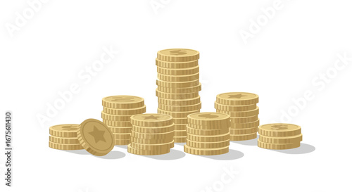 Abundant stacks of gleaming gold coins with dollar signs symbolizing wealth, finance, and economic growth