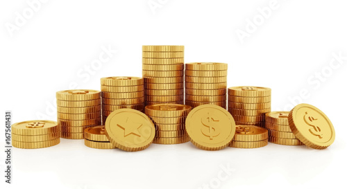 Stacks of Golden Coins on White Background Symbolizing Wealth and Finance