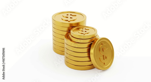 Shimmering Stacks of Golden Dollar Coins Symbolizing Wealth, Investment, and Financial Prosperity on a Pristine White Background