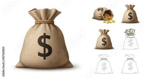 Set of three illustrative brown leather wallets filled with green banknotes, symbolizing financial prosperity, wealth management, and cash transactions