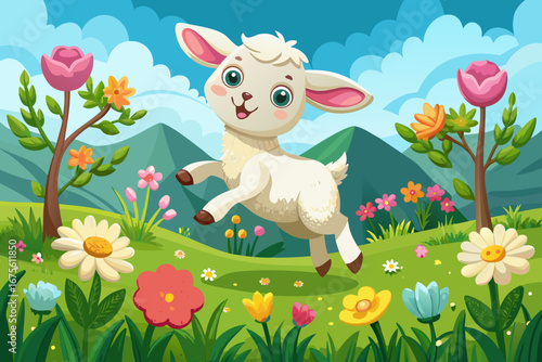 vector of A happy white lamb jumping in a spring meadow full of flowers and spring...