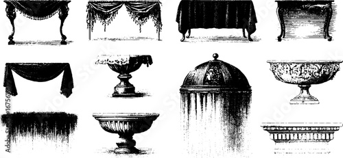 Vintage tablecloth and table design elements collection for retro decor