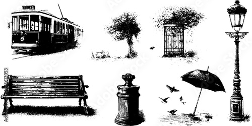 Vintage tram and street elements collection for retro design and decoration