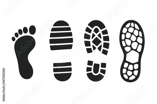 Human footprint and shoe prints vector set. Barefoot, boot, sneaker sole tracks. People step silhouette. Foot mark, footstep, shoeprint icon. Evidence, trail, path concept.
