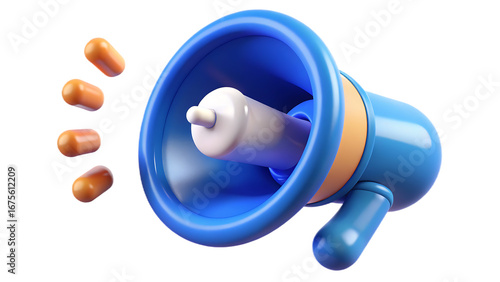 Blue megaphone with orange sound waves isolated on transparent background for advertising and promotion, a 3d rendering for marketing campaigns