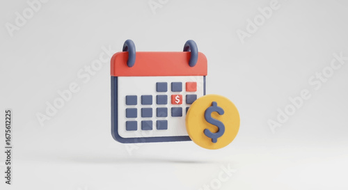 Minimalist 3D icon of a financial calendar and dollar coin for managing monthly budgets, payment deadlines, and salary dates