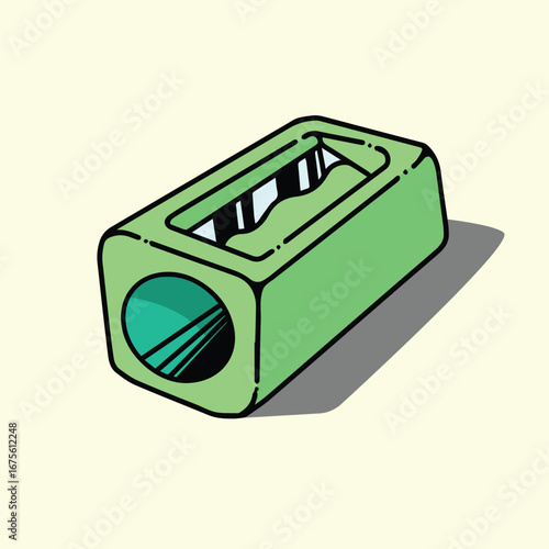 A Simple Hand-Drawn Illustration Of A Green Pencil Sharpener. A Perfect Graphic Asset For Educational Materials, Office Supplies Designs, Or As A Fun Element In Coloring Books And Scho.
