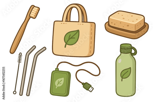 Eco-friendly products for sustainable living. Zero waste concept with reusable items. Vector icon set with toothbrush, bag, soap, metal straws, bottle, green power bank.