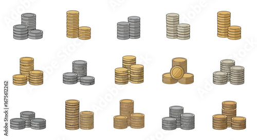 A diverse collection of illustrated gold and silver coin stacks, representing wealth, savings, and financial concepts