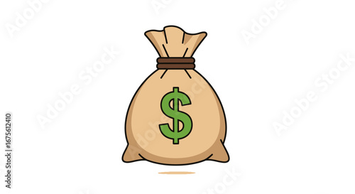 Illustration of a Tan Money Bag Tied with Rope, Featuring a Prominent Green Dollar Sign Symbolizing Financial Success, Wealth Accumulation, and Economic Growth for Business Concepts