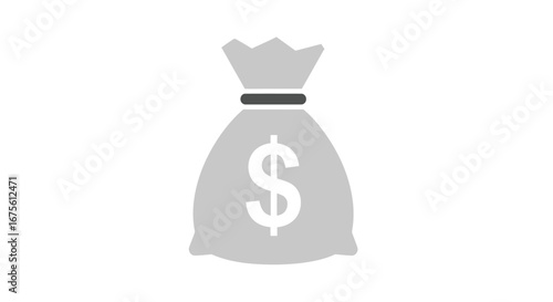 Classic gray money bag icon with a prominent dollar symbol. Isolated vector graphic for concepts of wealth, savings, banking, and financial success