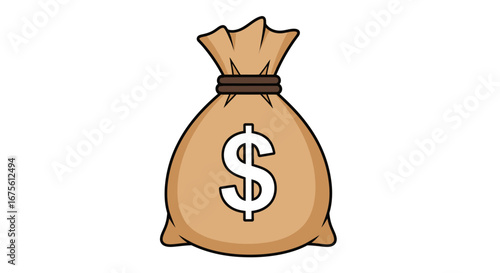 Financial Symbol Cartoon Illustration of a Tied Money Bag with a Dollar Sign on White