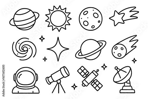 Space icon set. Astronomy, galaxy exploration line art. Vector doodle of celestial bodies: planet, sun, moon, stars. Comet, astronaut, satellite, telescope cartoon elements.
