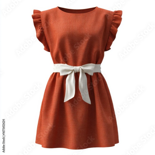 A stylish rust orange textured knit dress with ruffled sleeves and a white sash belt isolated on white background