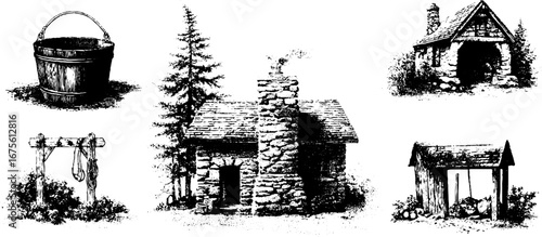 Vintage engraving elements collection featuring rustic buckets and cozy cottages for design