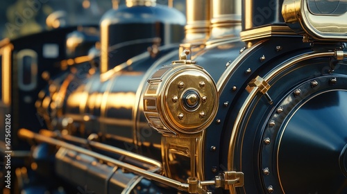 Close-up of a Majestic Vintage Steam Locomotive with Ornate Golden Accents