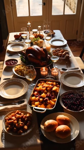 Elegant dining table set for Thanksgiving dinner with a roasted turkey and side dishes