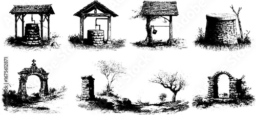 Vintage well designs and natural elements in engraving style for artistic projects