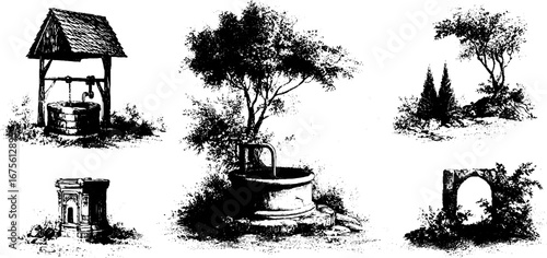 Vintage engraving design elements collection featuring rustic well landscapes for creative design projects