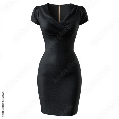 Elegant short sleeved black cocktail dress with a cowl neckline and fitted silhouette isolated on white background