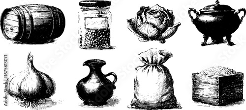 Vintage engraving collection of rustic wooden barrels and kitchen elements for retro design