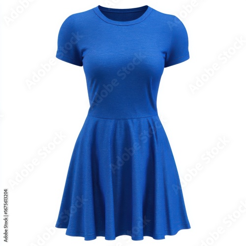 A vibrant royal blue short sleeved flared skater dress with a round neckline isolated on white background