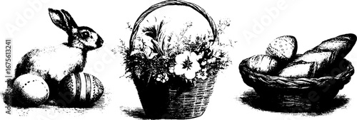 Engraving of easter celebration with decorative basket of flowers and eggs