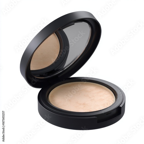 Open black compact case with a golden shimmering pressed powder and a mirror reflecting the product isolated on white background