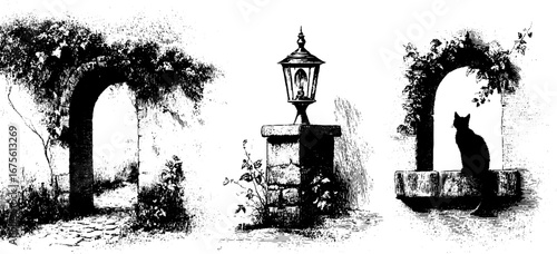 Eerie alley scenes with cobbles and cat silhouette - vintage engraving collection for artistic design and decor