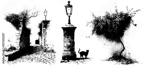 Eerie alley scene with cobbled path and lamp post silhouettes for design and decor