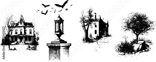 Eerie haunted house collection: vintage engraving of spooky architecture